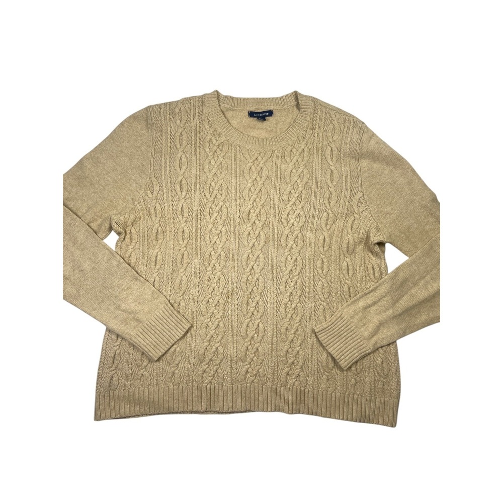 Lands' End Sweater Womens XL P Beige Cable‎ Knit Long Sleeve Crew Neck Pullover